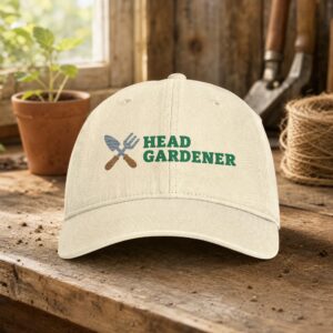 Head Gardener Washed Cap in Ivory, a washed cotton cap on a potting bench