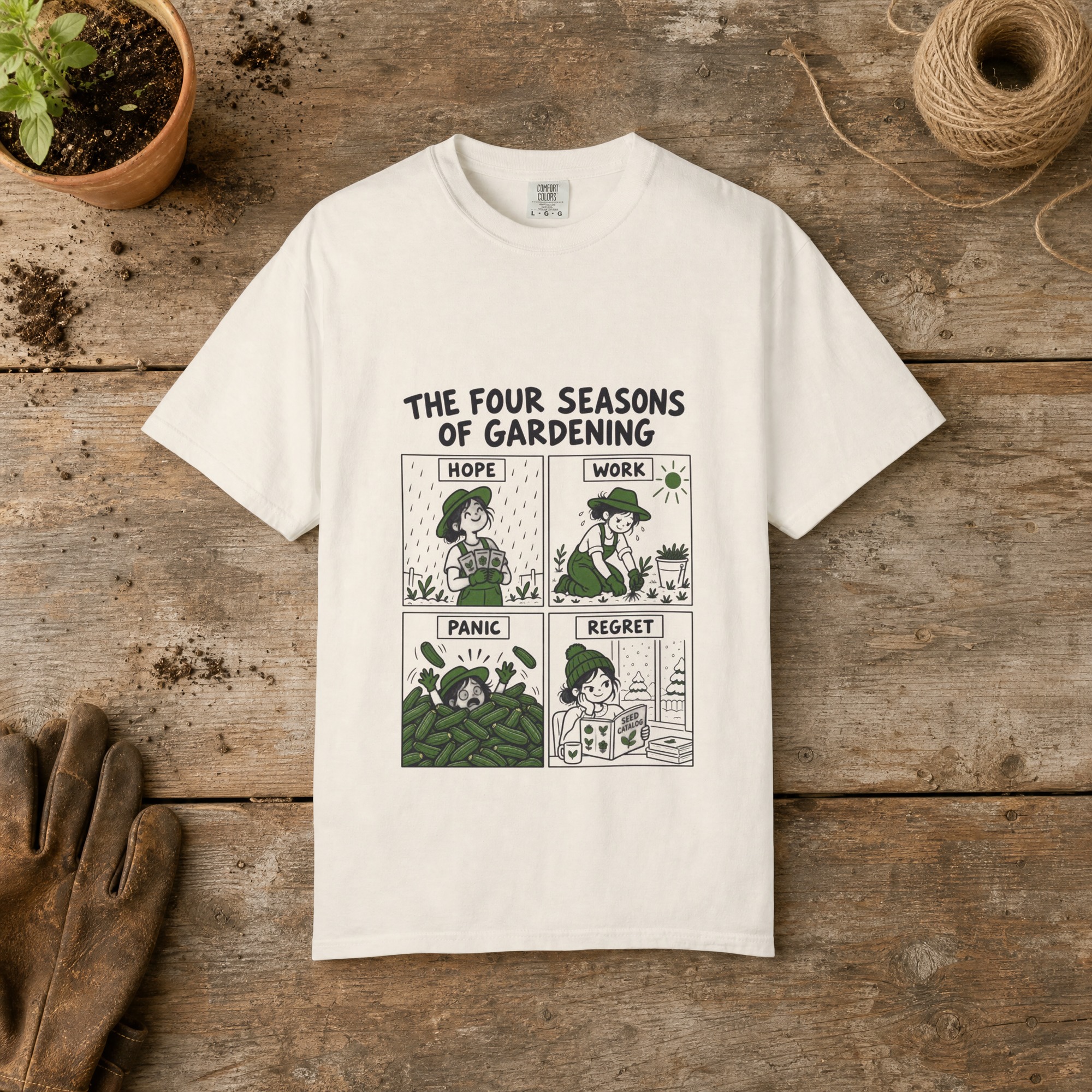 Four Seasons of Gardening gardening t-shirt in Ivory, laid flat on a potting bench with gardening gloves and a trowel