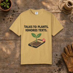 Talks to Plants gardening t-shirt in Mustard, laid flat on a potting bench with gardening gloves and a trowel
