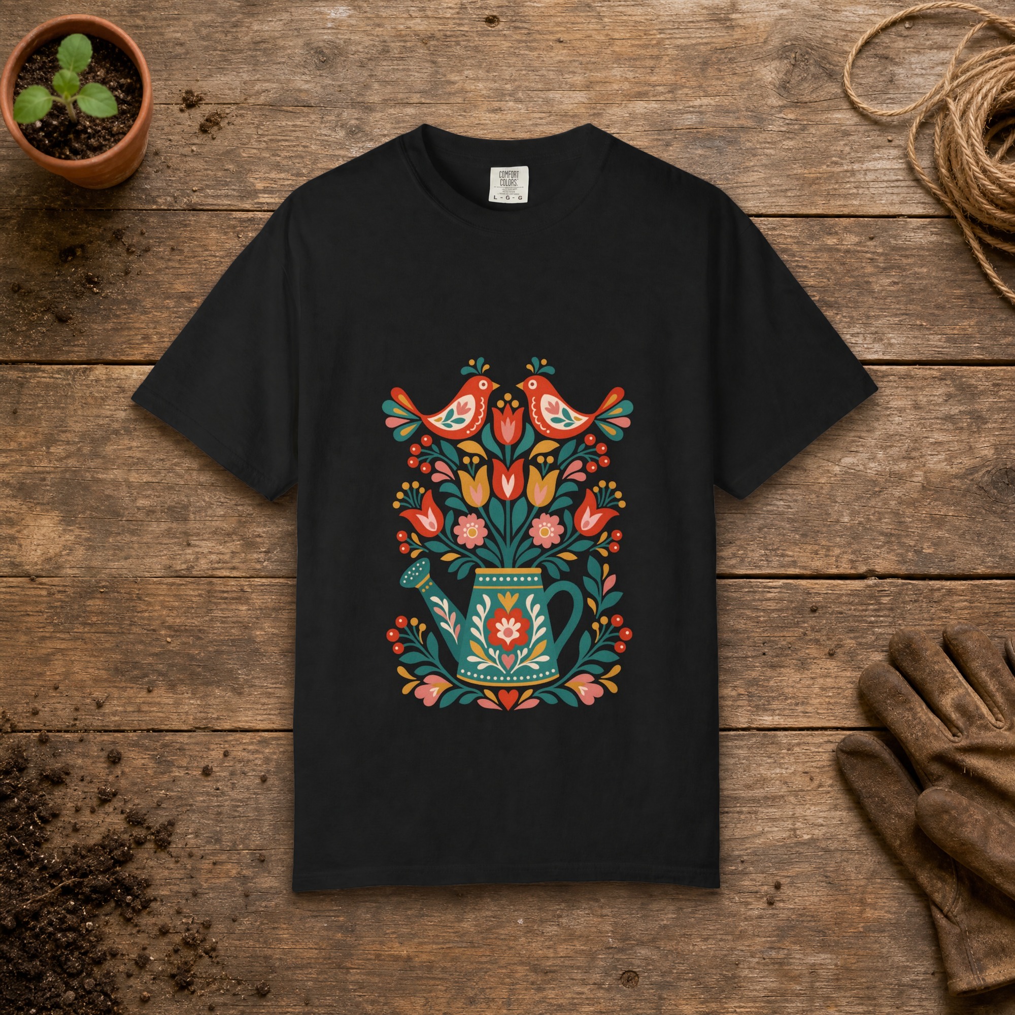 Folk Watering Can gardening t-shirt in Black, laid flat on a potting bench with gardening gloves and a trowel