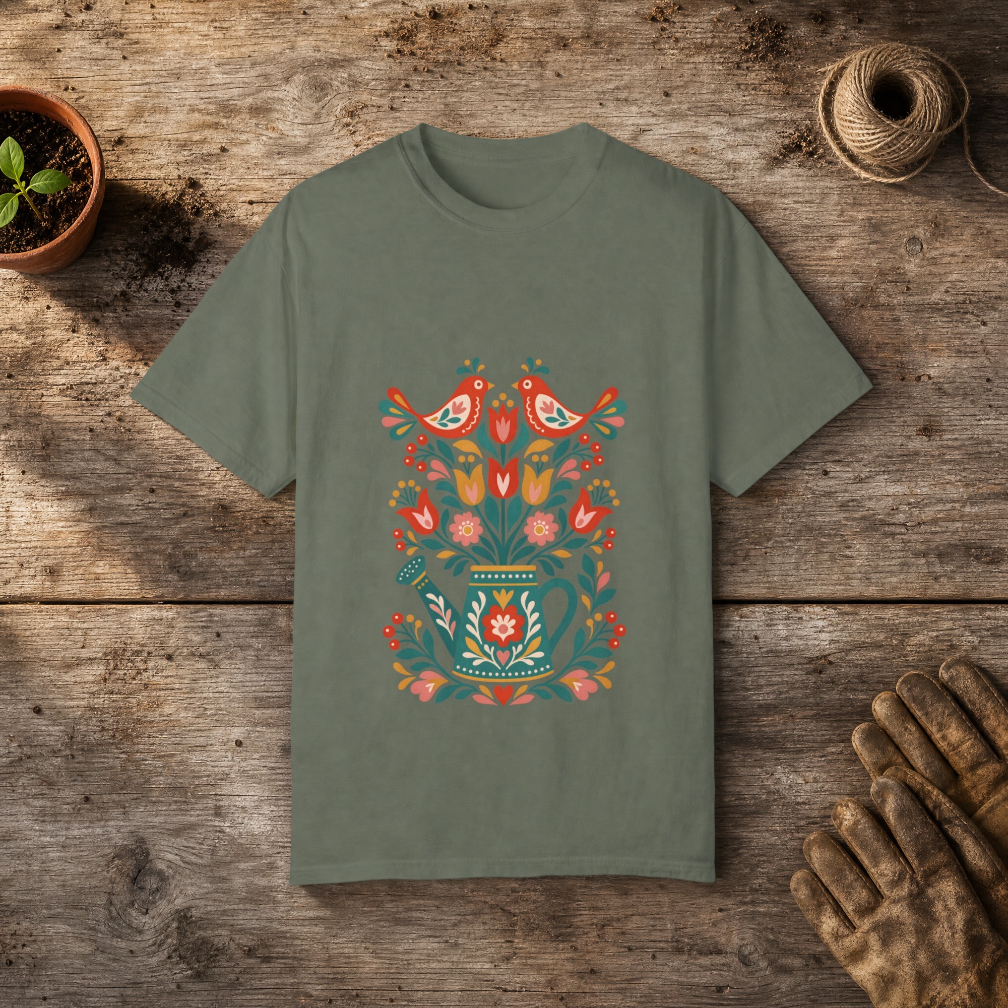 Folk Watering Can gardening t-shirt in Moss, laid flat on a potting bench with gardening gloves and a trowel