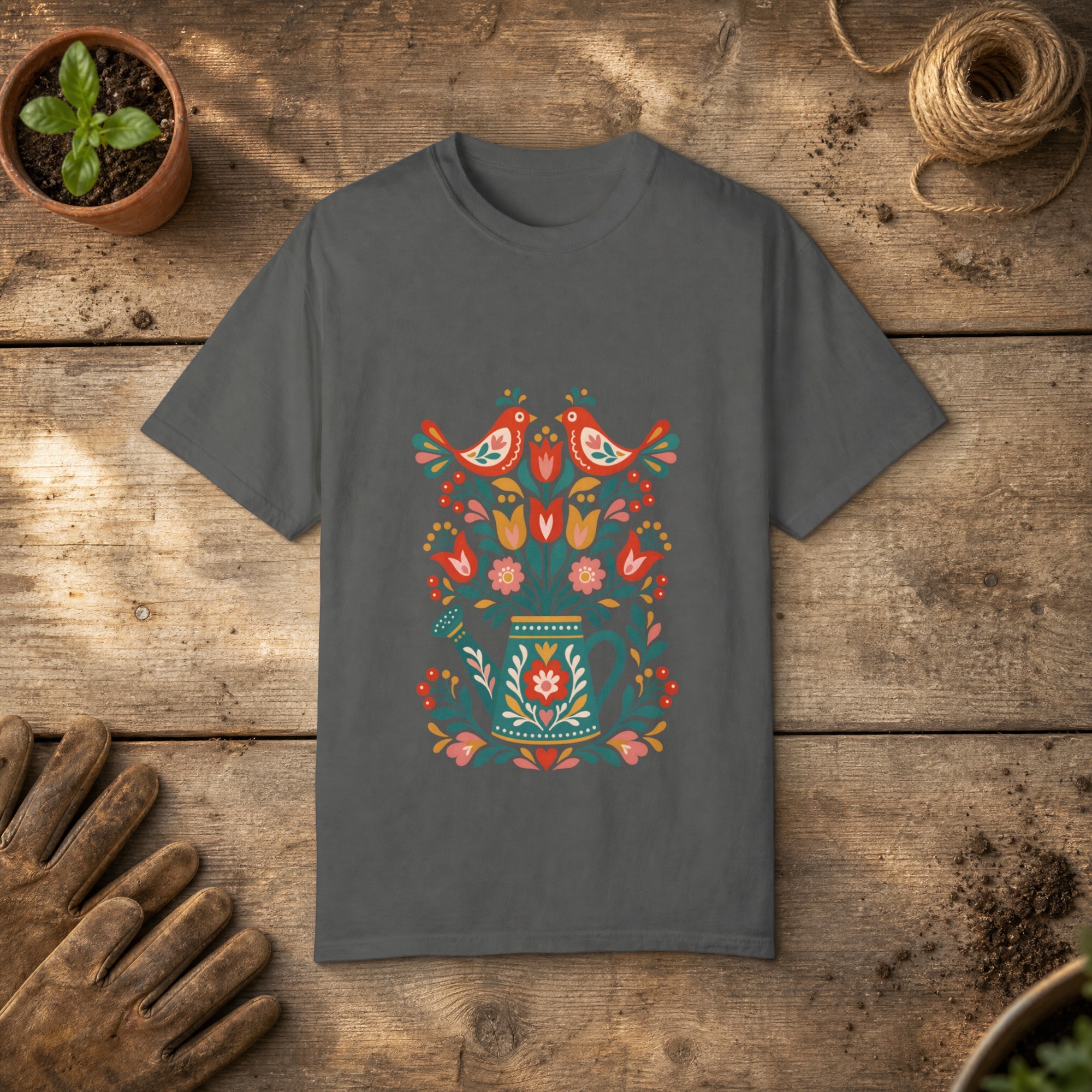 Folk Watering Can gardening t-shirt in Pepper, laid flat on a potting bench with gardening gloves and a trowel