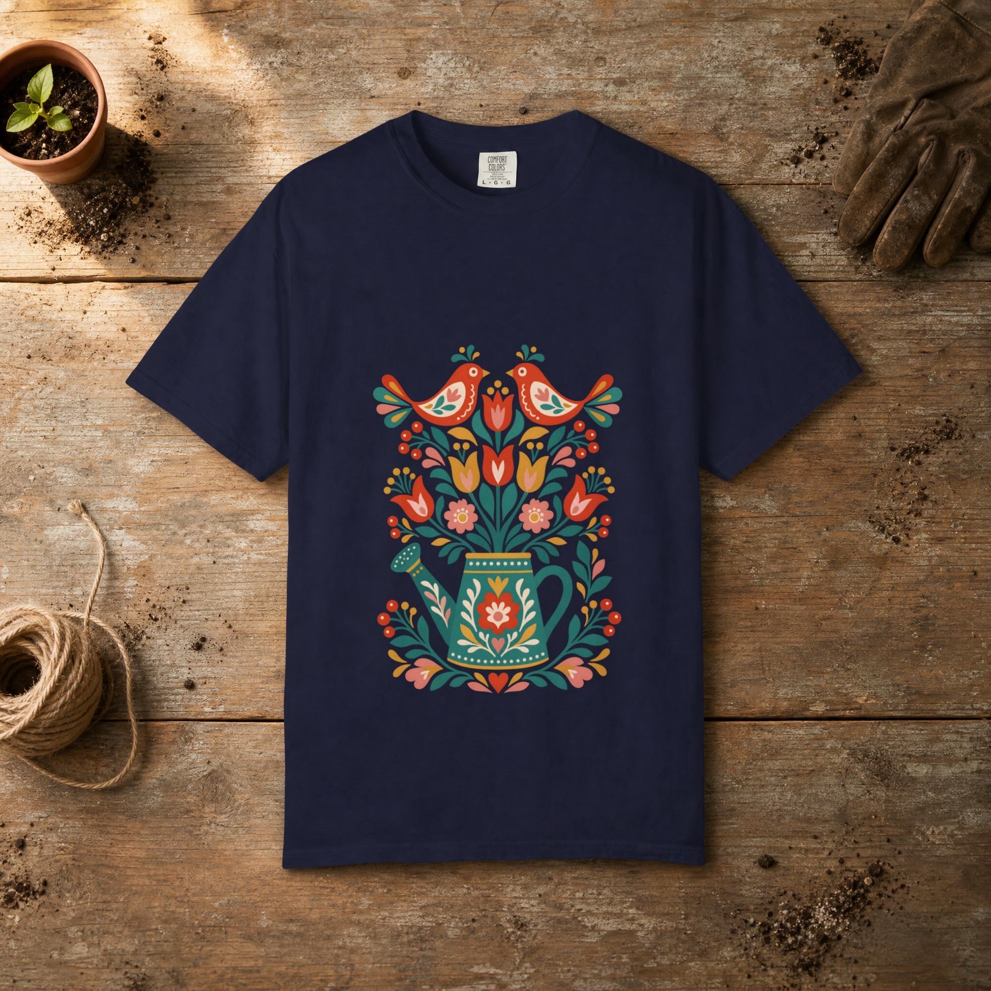 Folk Watering Can gardening t-shirt in True Navy, laid flat on a potting bench with gardening gloves and a trowel