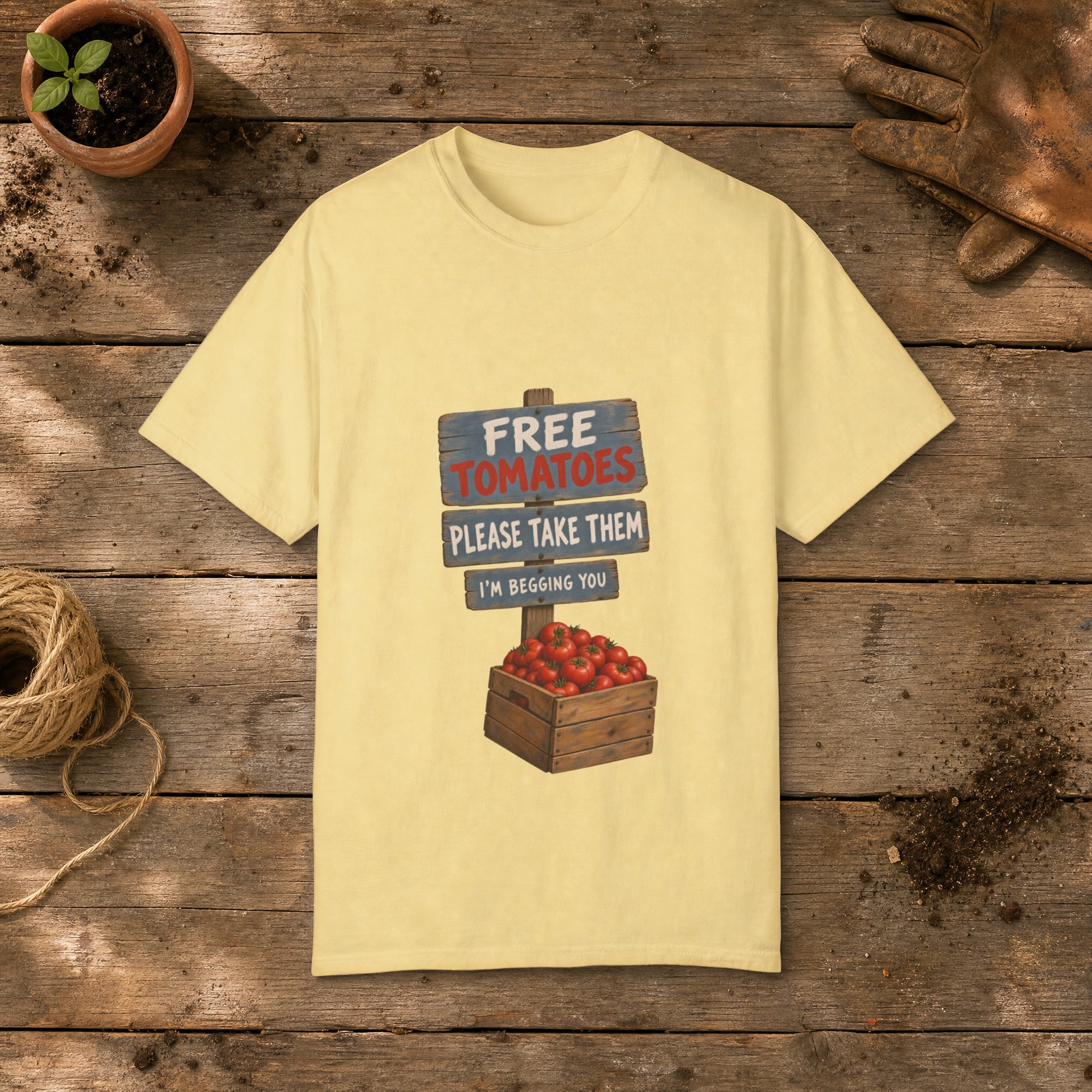 Free Tomatoes gardening t-shirt in Butter, laid flat on a potting bench with gardening gloves and a trowel