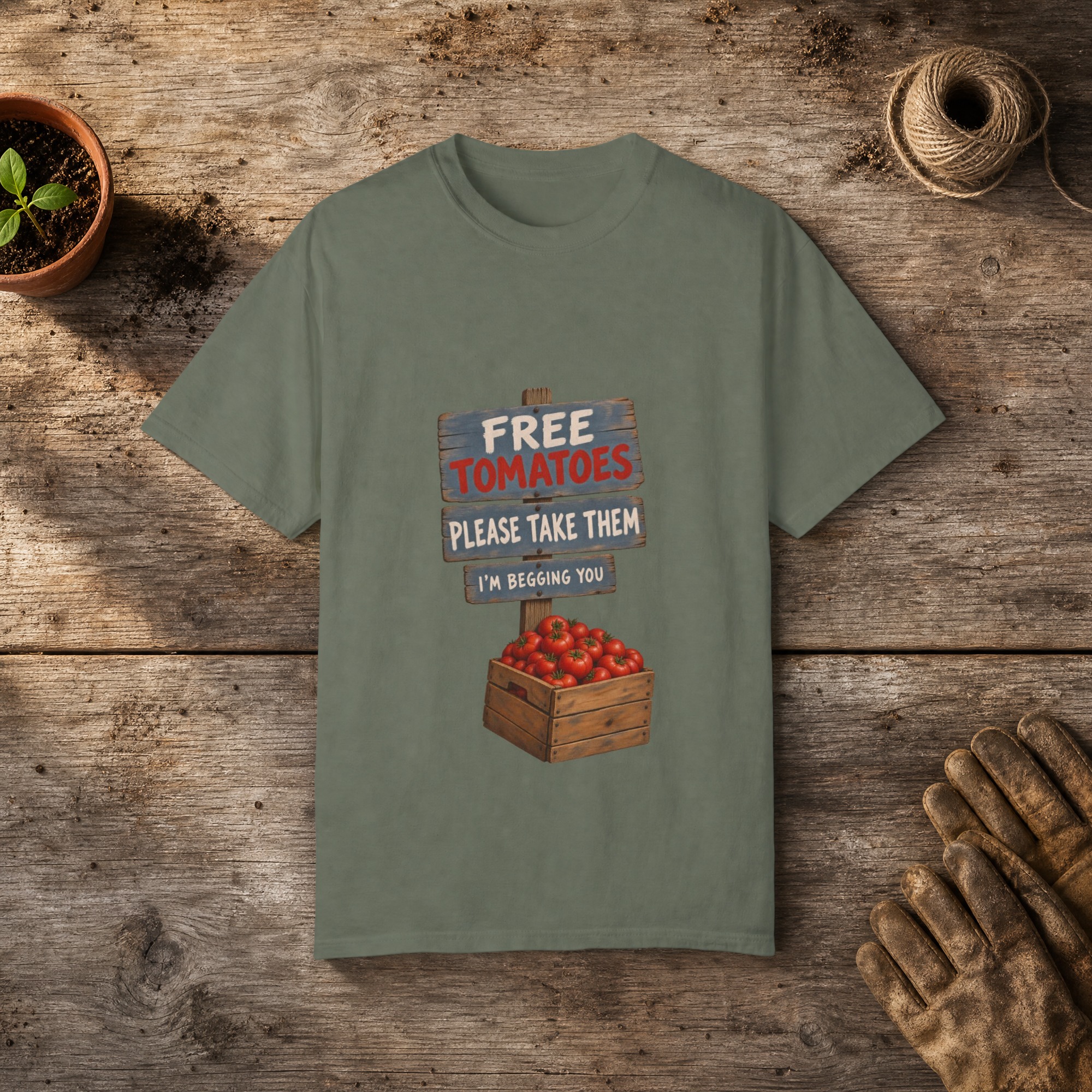 Free Tomatoes gardening t-shirt in Moss, laid flat on a potting bench with gardening gloves and a trowel