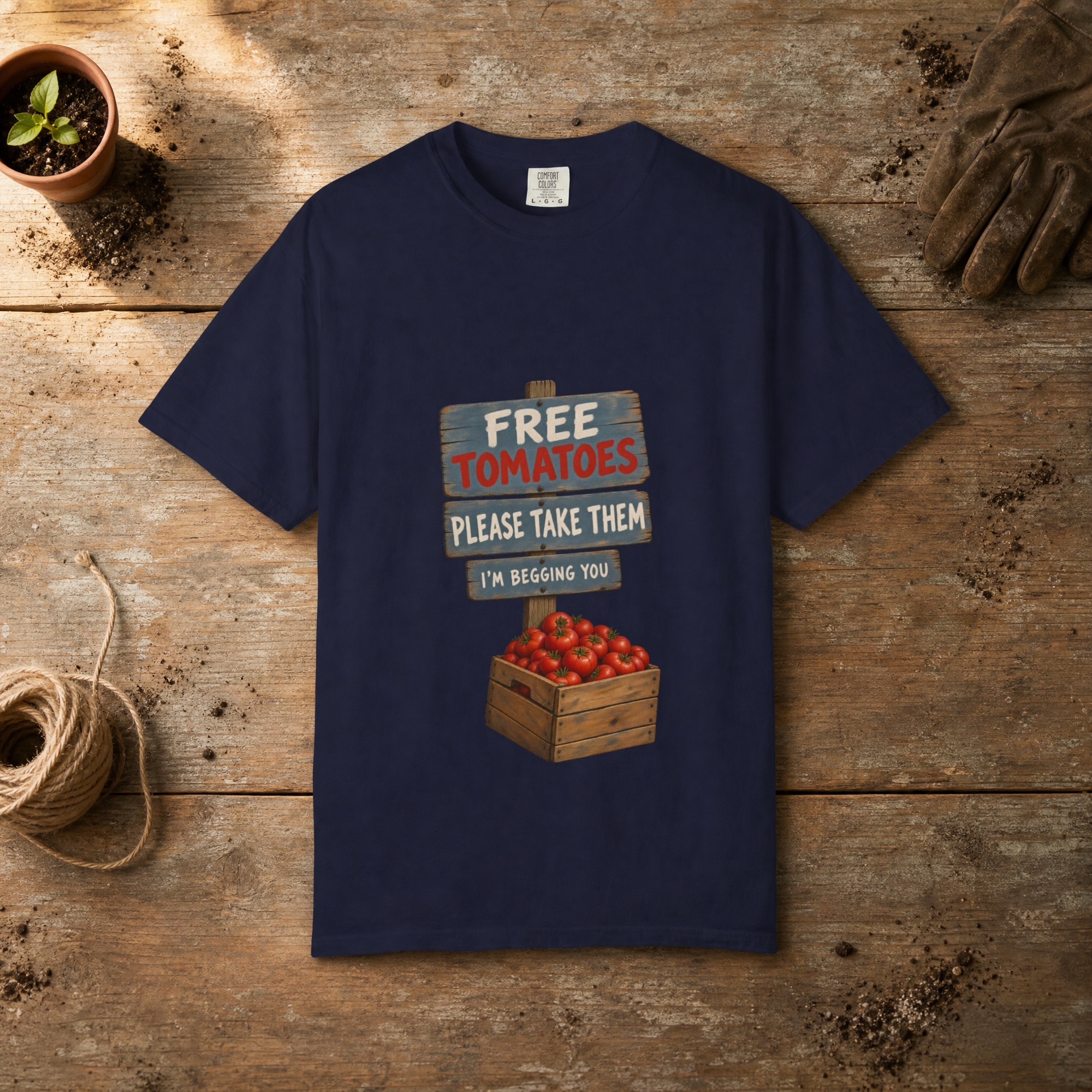 Free Tomatoes gardening t-shirt in True Navy, laid flat on a potting bench with gardening gloves and a trowel