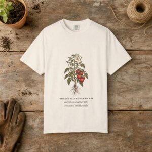 Tomato Botanical gardening t-shirt in Ivory, laid flat on a potting bench with gardening gloves and a trowel