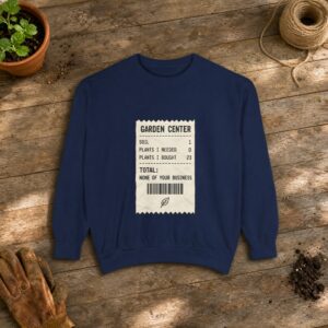Garden Center Receipt Sweatshirt in True Navy, a crewneck sweatshirt on a potting bench