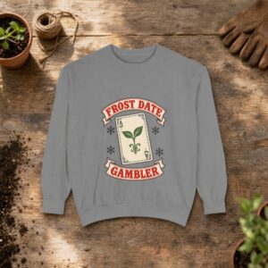 Frost Date Gambler Sweatshirt in Grey, a crewneck sweatshirt on a potting bench