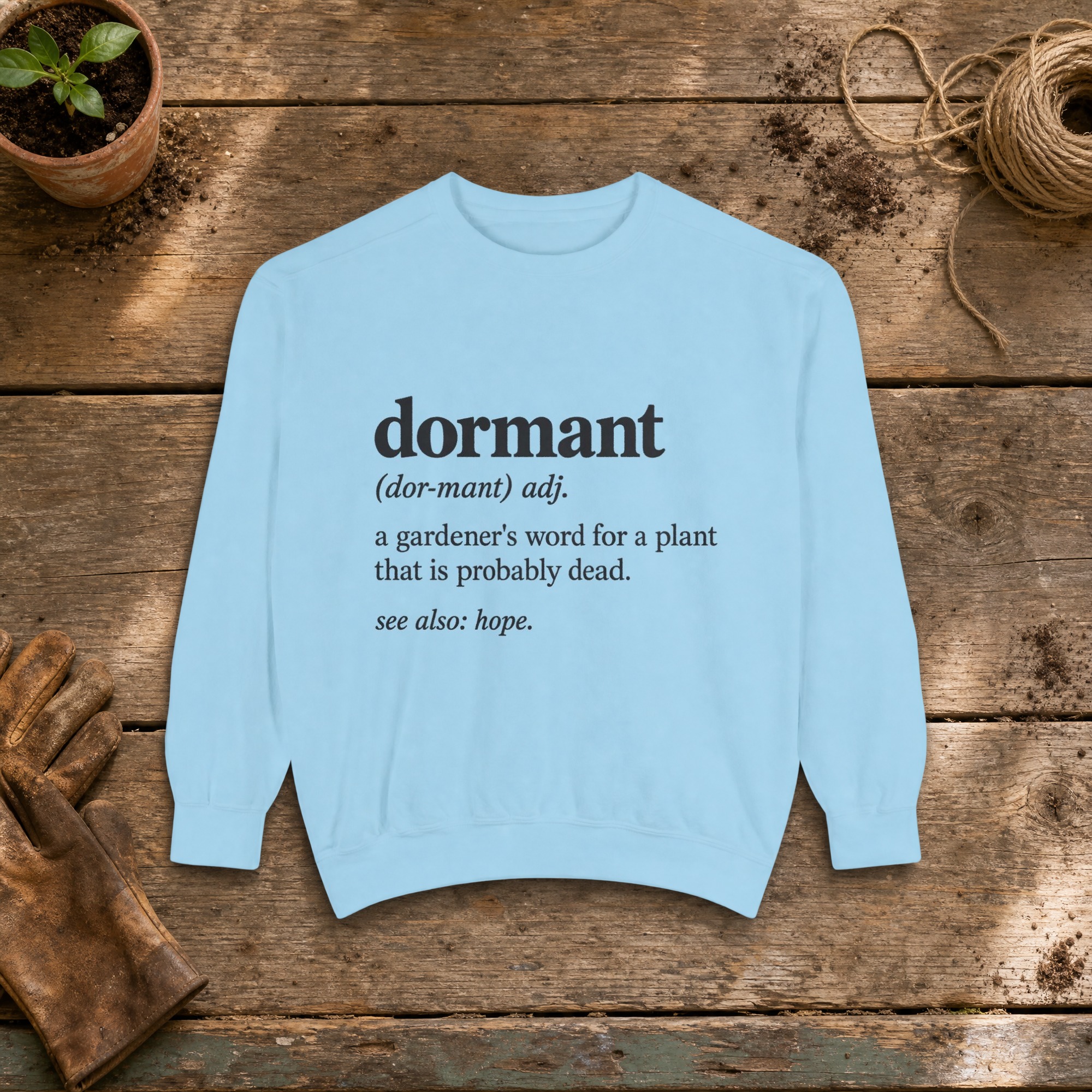 Dormant Definition Sweatshirt in Chambray, a crewneck sweatshirt on a potting bench