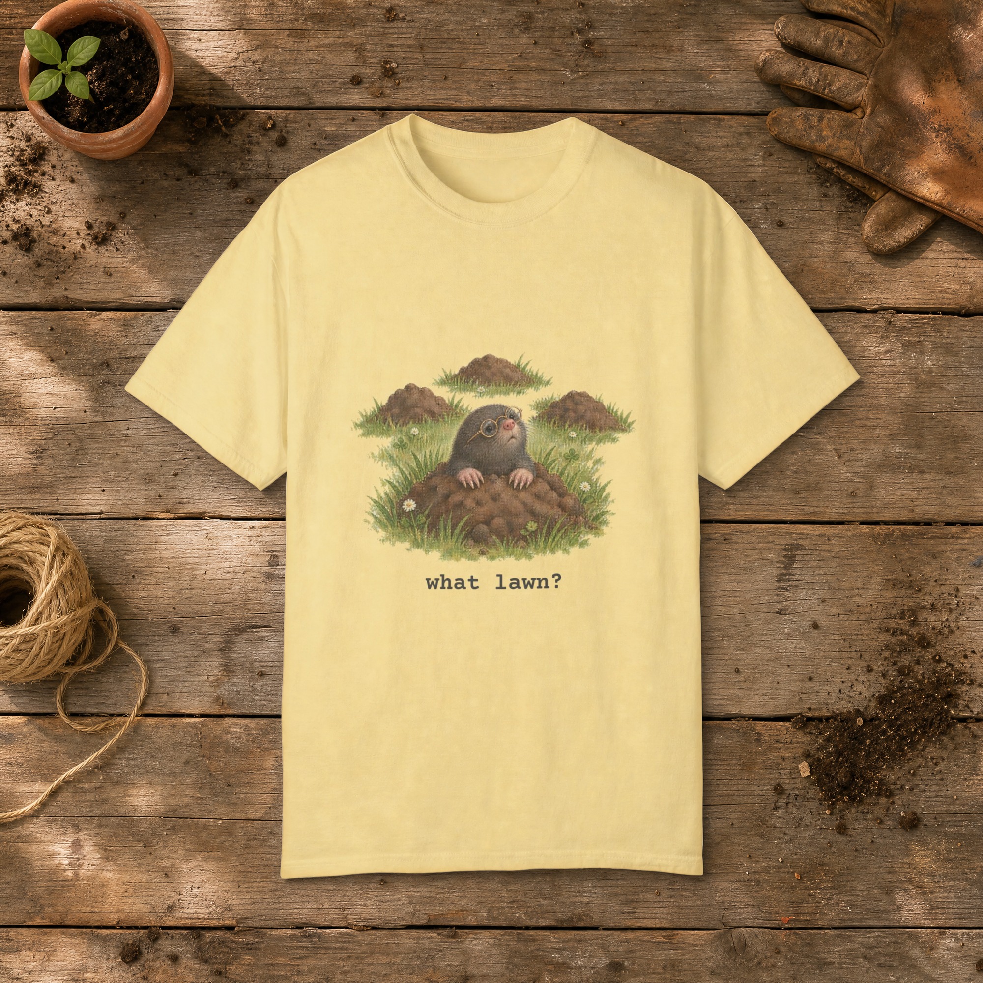 What Lawn gardening t-shirt in Butter, laid flat on a potting bench with gardening gloves and a trowel