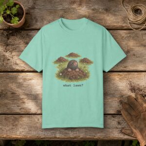 What Lawn gardening t-shirt in Island Reef, laid flat on a potting bench with gardening gloves and a trowel