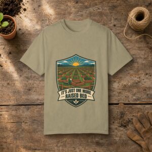 Just One More Raised Bed gardening t-shirt in Khaki, laid flat on a potting bench with gardening gloves and a trowel