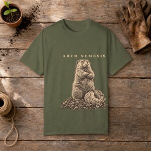 Arch Nemesis gardening t-shirt in Hemp, laid flat on a potting bench with gardening gloves and a trowel